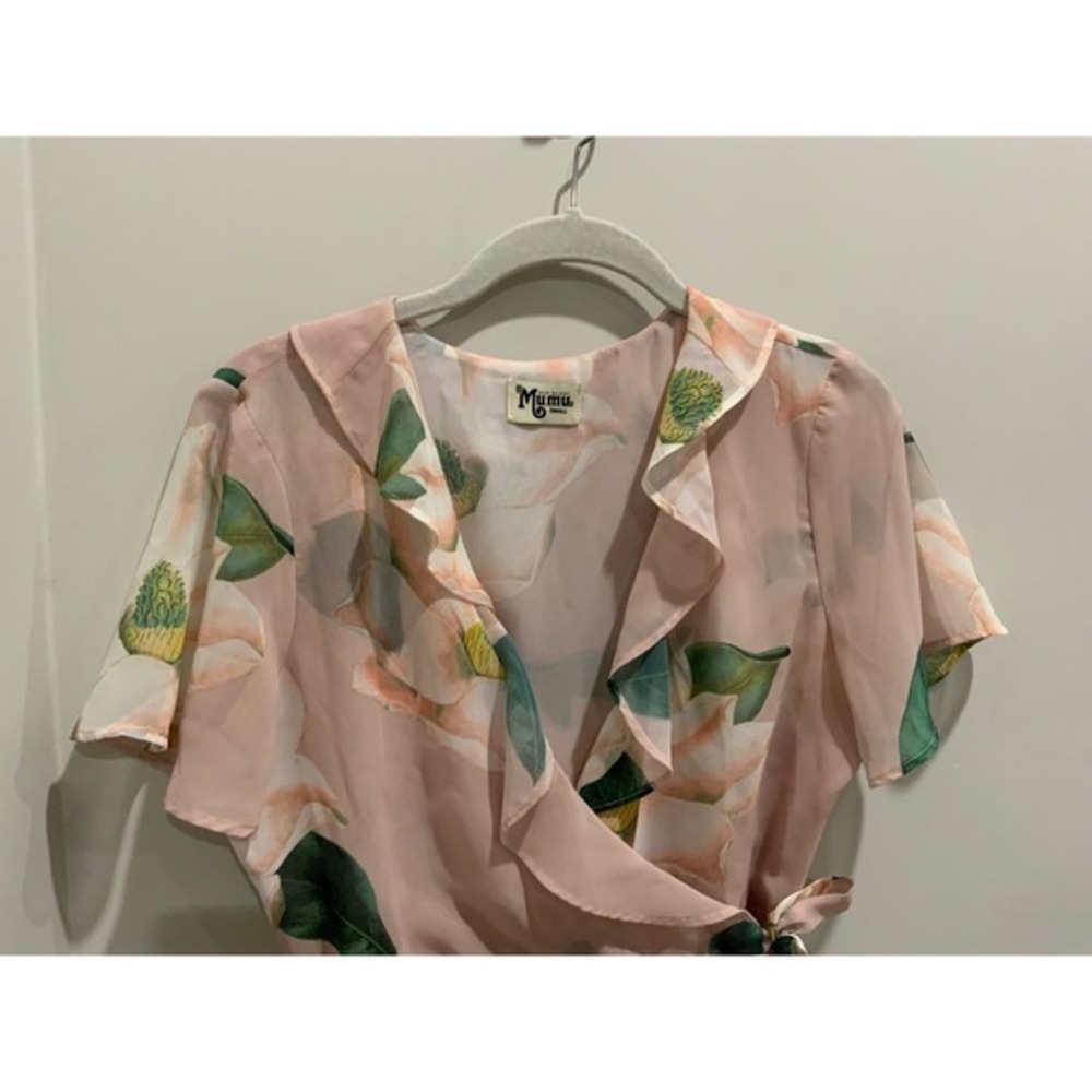 Show Me Your Mumu Pink Magnolia Floral Ruffle Wrap Mini Dress Small - Picture 9 of 17